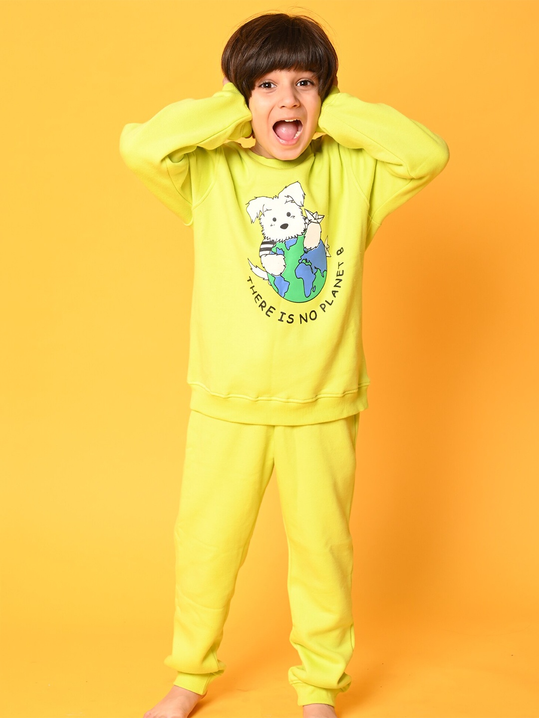 

Anthrilo Boys Planet B Printed Fleece Jogger Set, Lime green