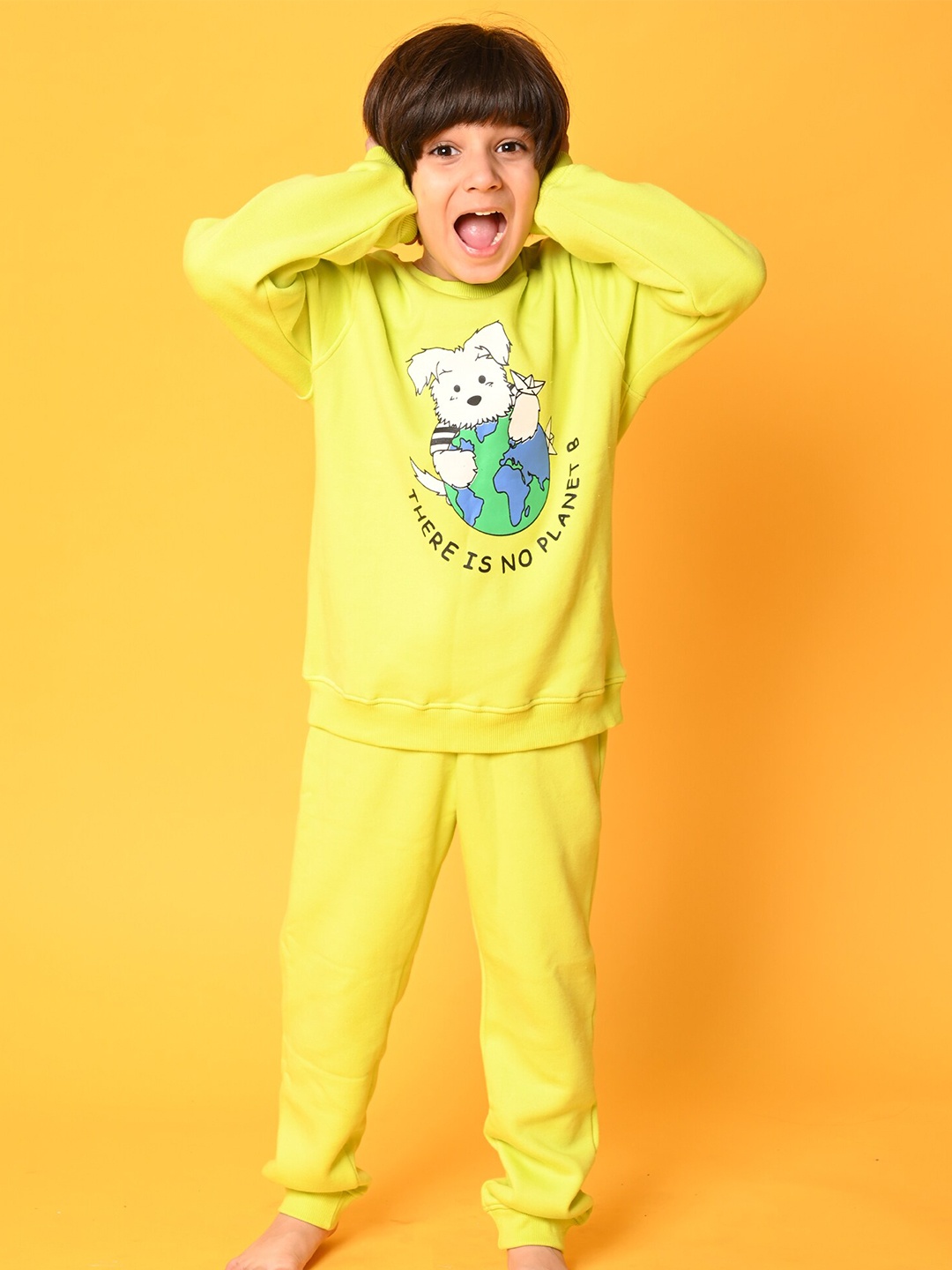 

Anthrilo Boys Printed Fleece Sweatshirt with Joggers, Lime green