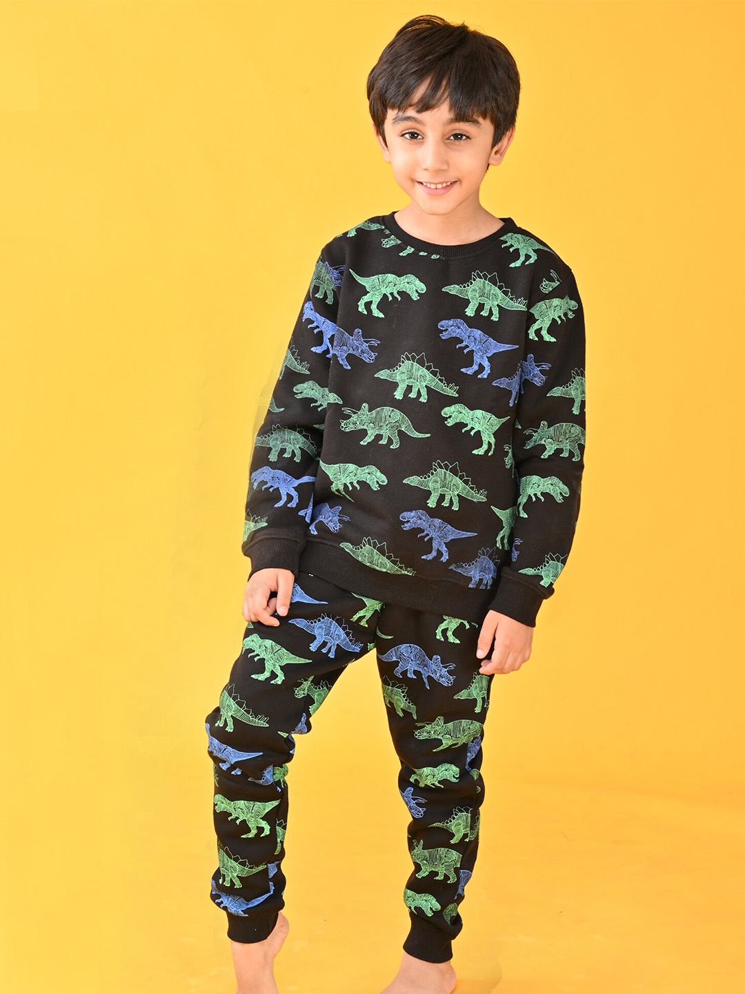 

Anthrilo Boys Black & Blue Dinosaur Printed Fleece Sweatshirt & Joggers