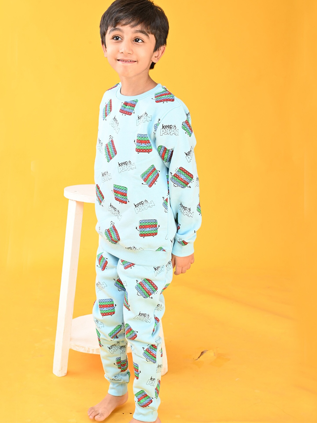 

Anthrilo Boys Blue & Green Pop It Printed Fleece Sweatshirt & Joggers