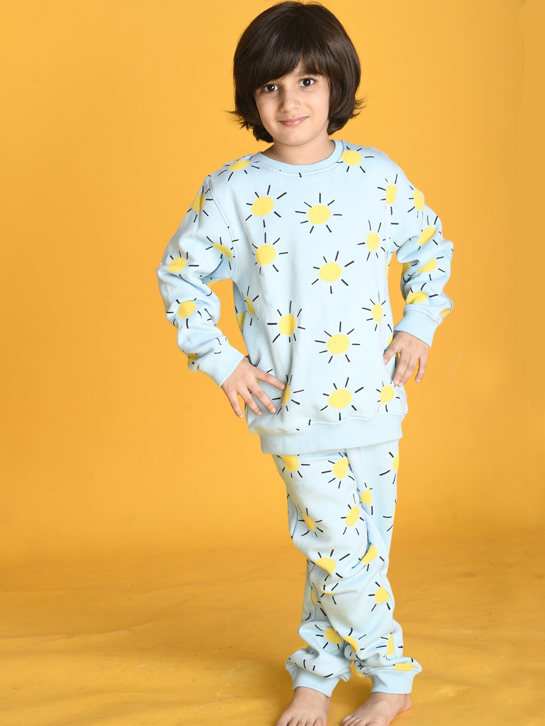 

Anthrilo Boys Blue & Yellow Sun Printed Fleece Sweatshirt & Joggers