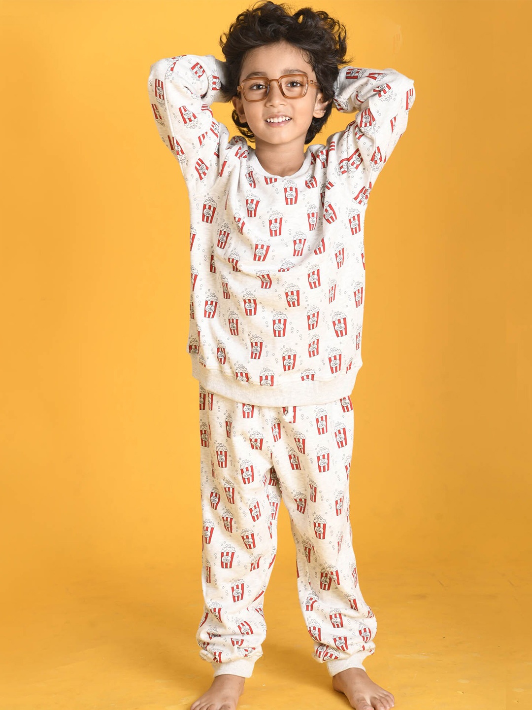

Anthrilo Boys Popcorn Printed Terry Jogger Set, Grey melange