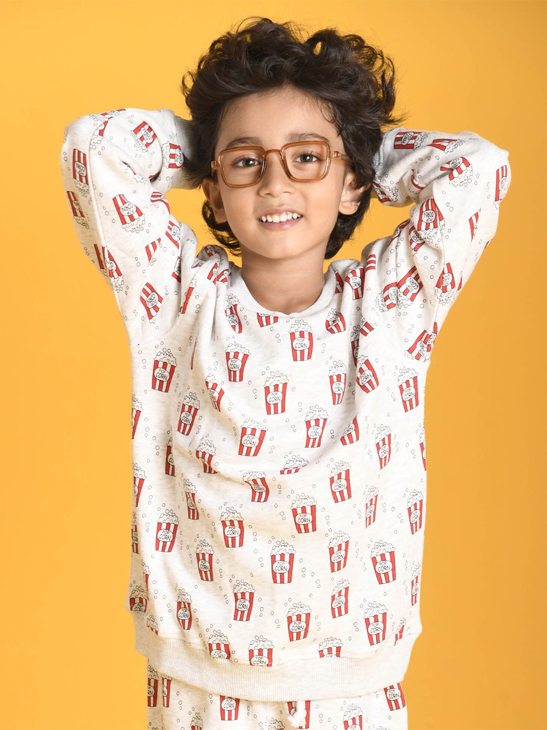 

Anthrilo Boys Popcorn Printed Terry Sweatshirt with Joggers, Grey melange