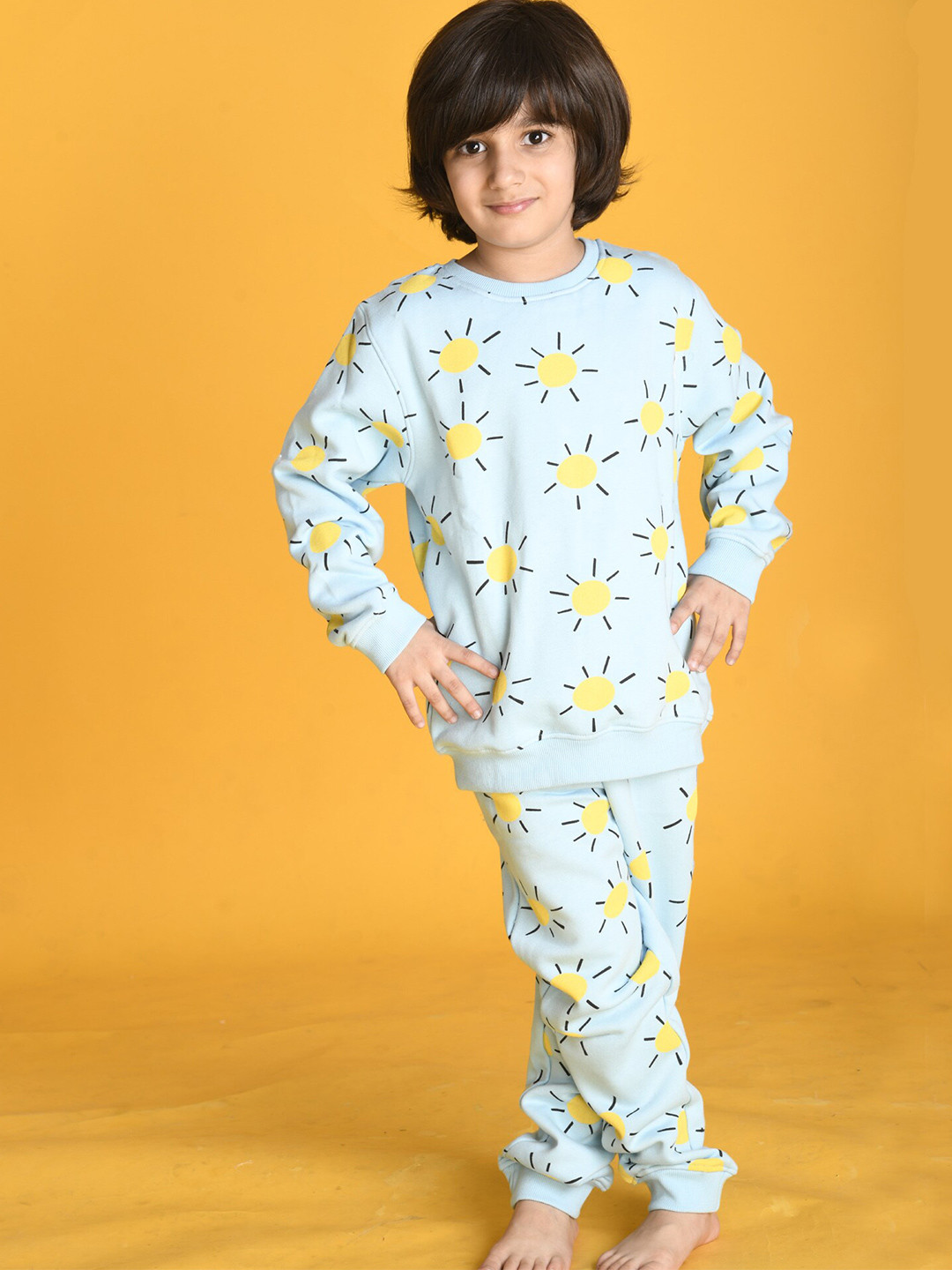 

Anthrilo Boys Blue & Yellow Sun Printed Fleece Sweatshirt & Joggers