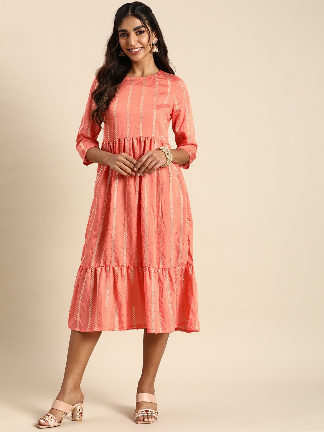 

Sangria Women Peach-Coloured Striped Ethnic Dress