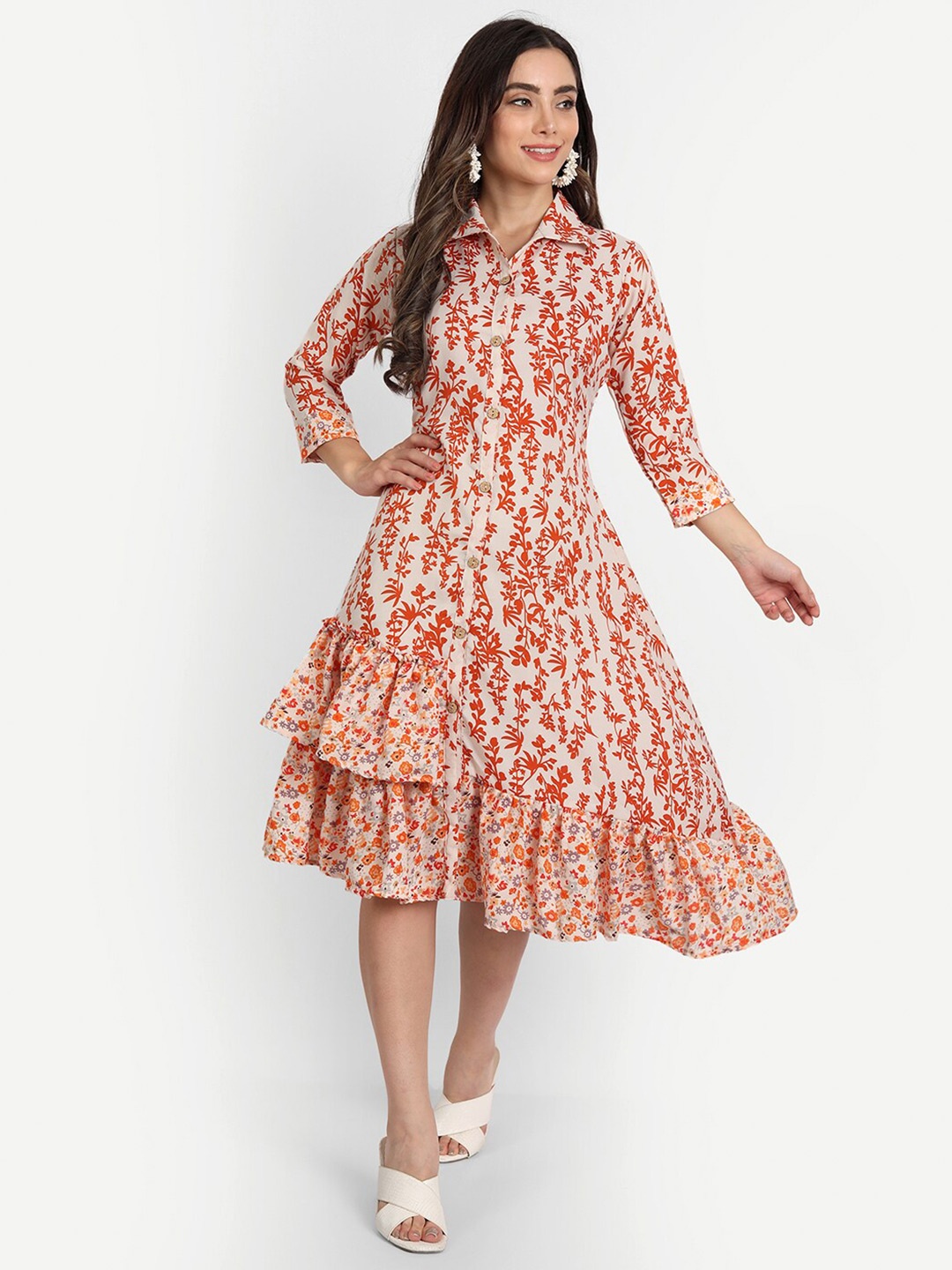 

GUFRINA Orange Floral Layered Shirt Dress