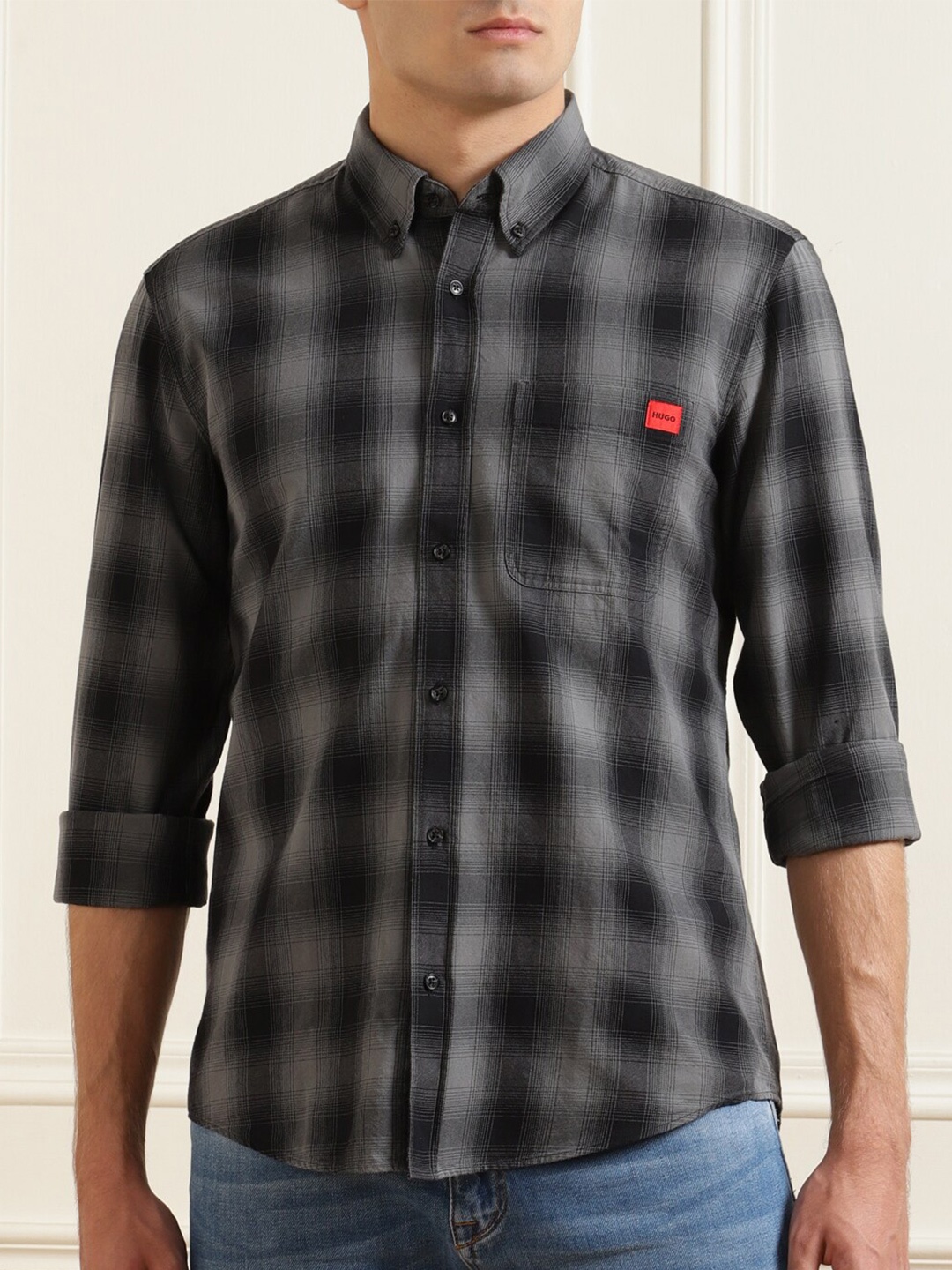 

HUGO Men Grey Checked Pure Cotton Casual Shirt