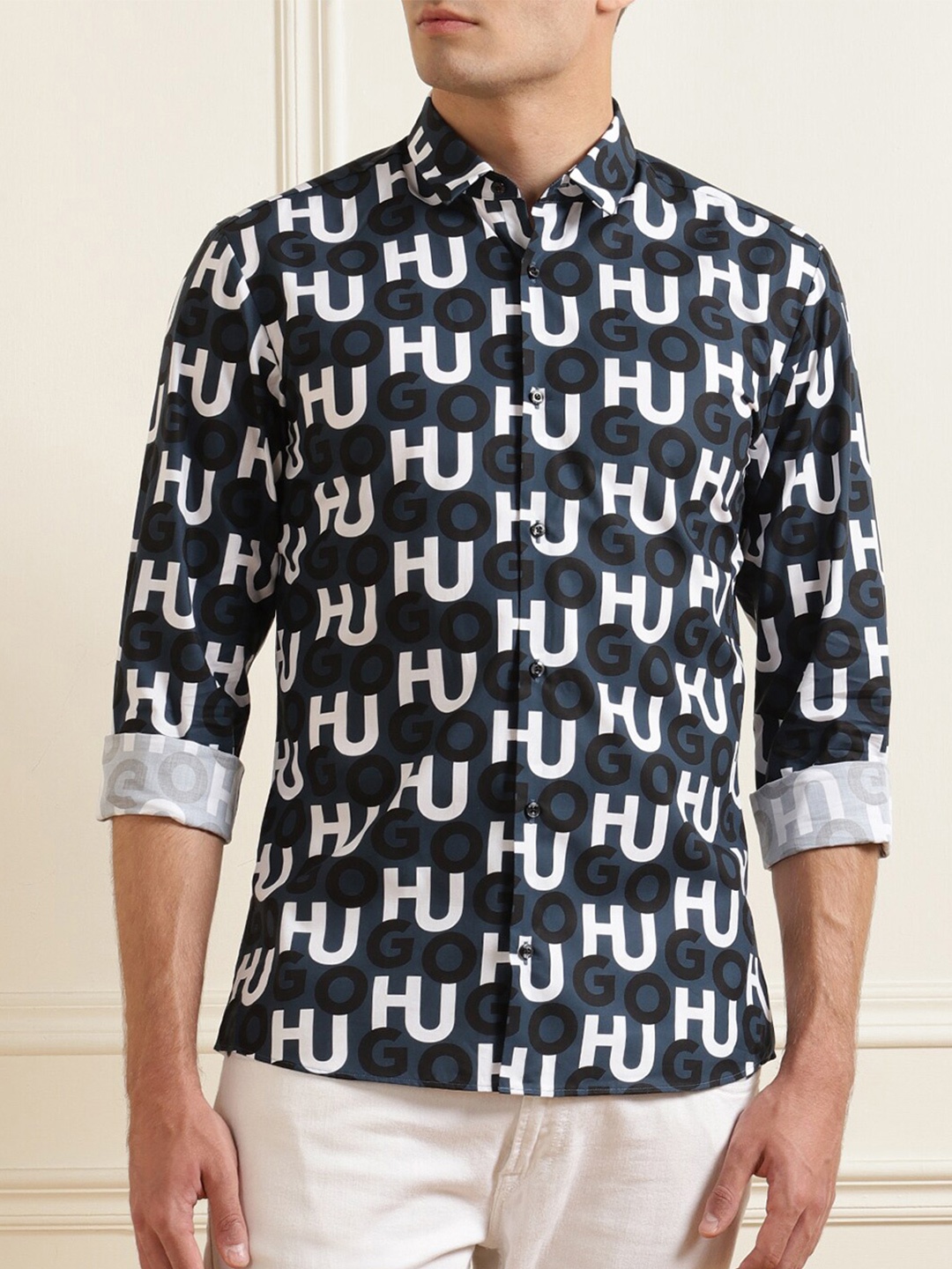 

HUGO Men Navy Blue Printed Casual Shirt