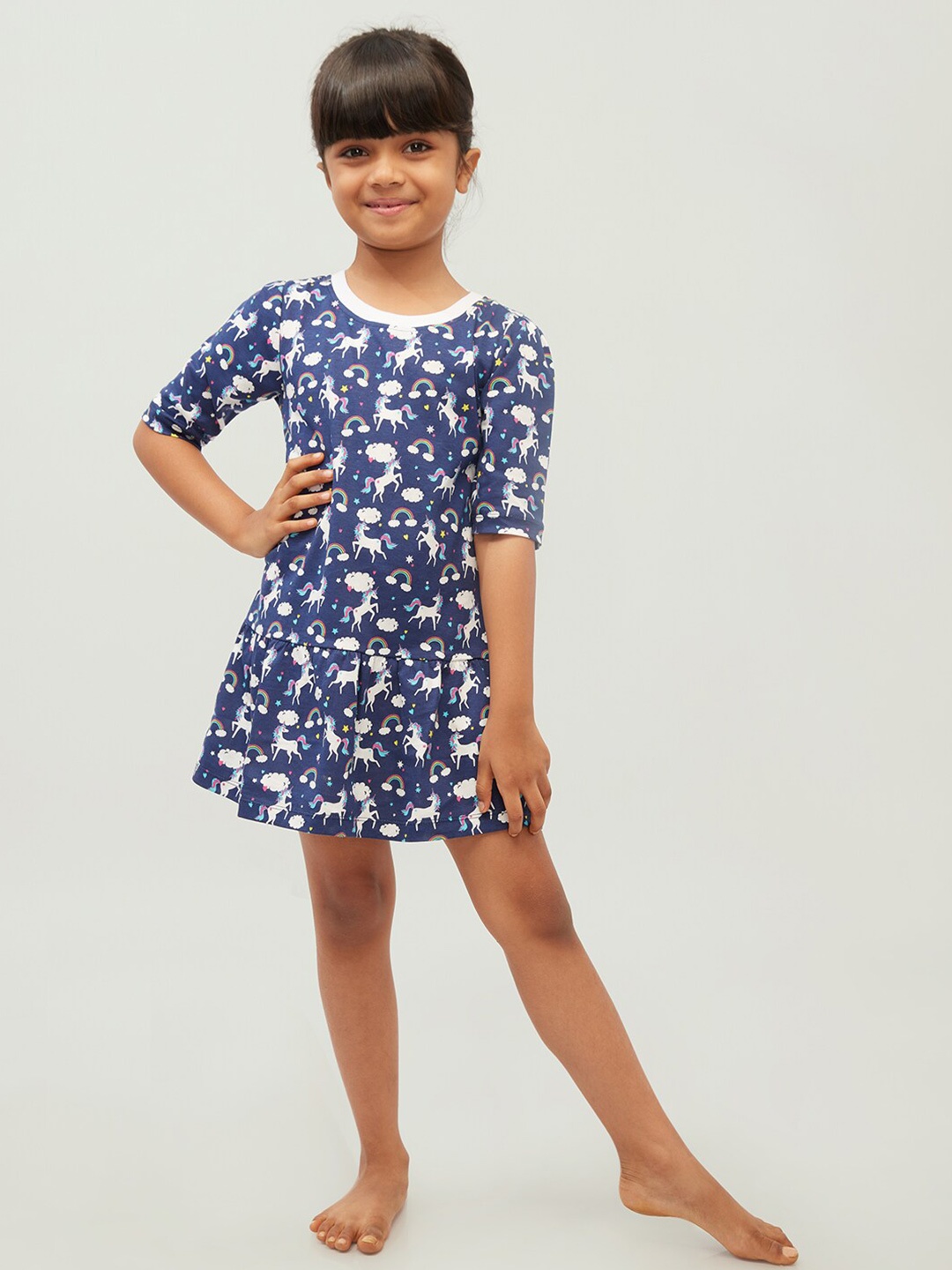 

frangipani Girls Blue & White Cotton A-Line Printed Dress
