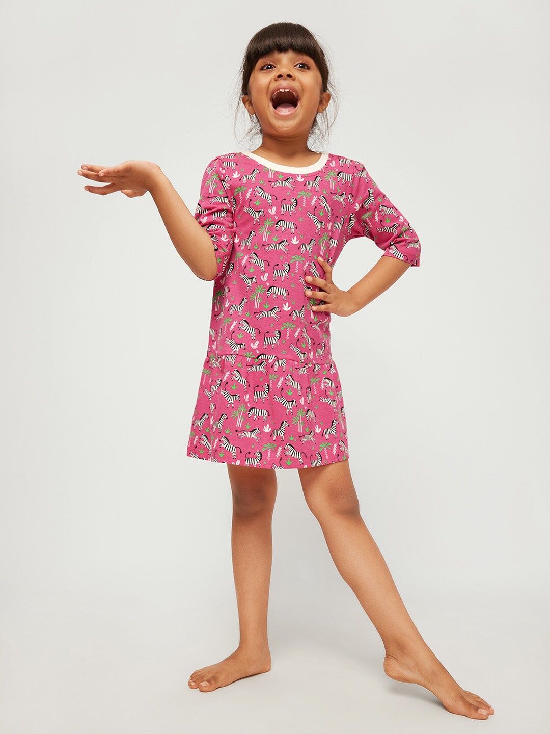 

frangipani Girls Pink & Black Cotton Animal A-Line Dress