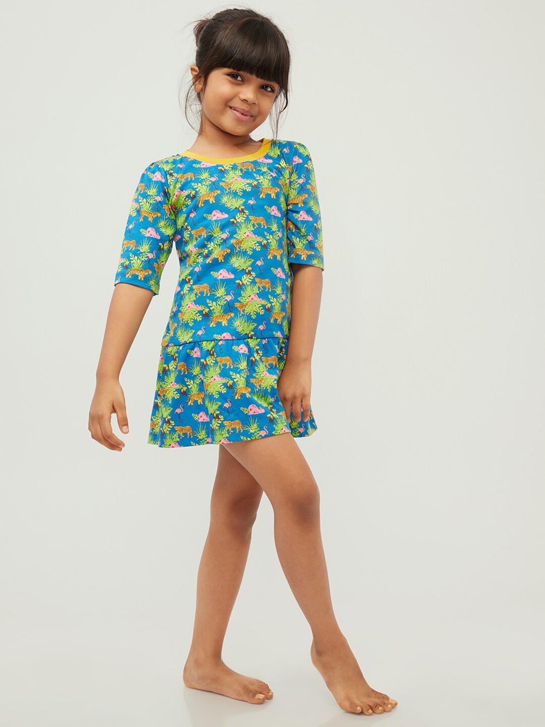 

frangipani Girls Blue & Green Cotton Floral A-Line Dress