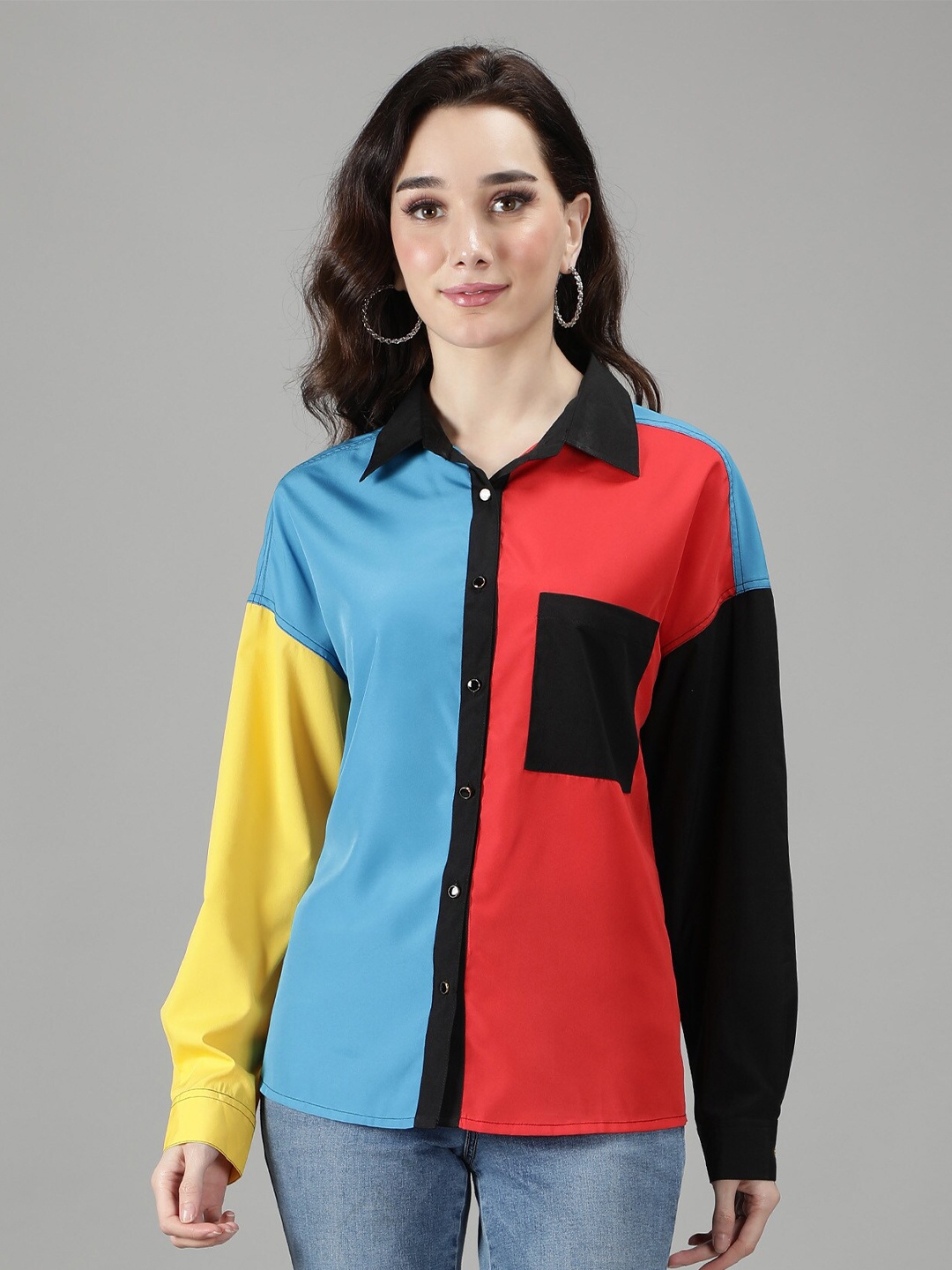 

MINGLAY Women Blue Classic Colourblocked Casual Shirt