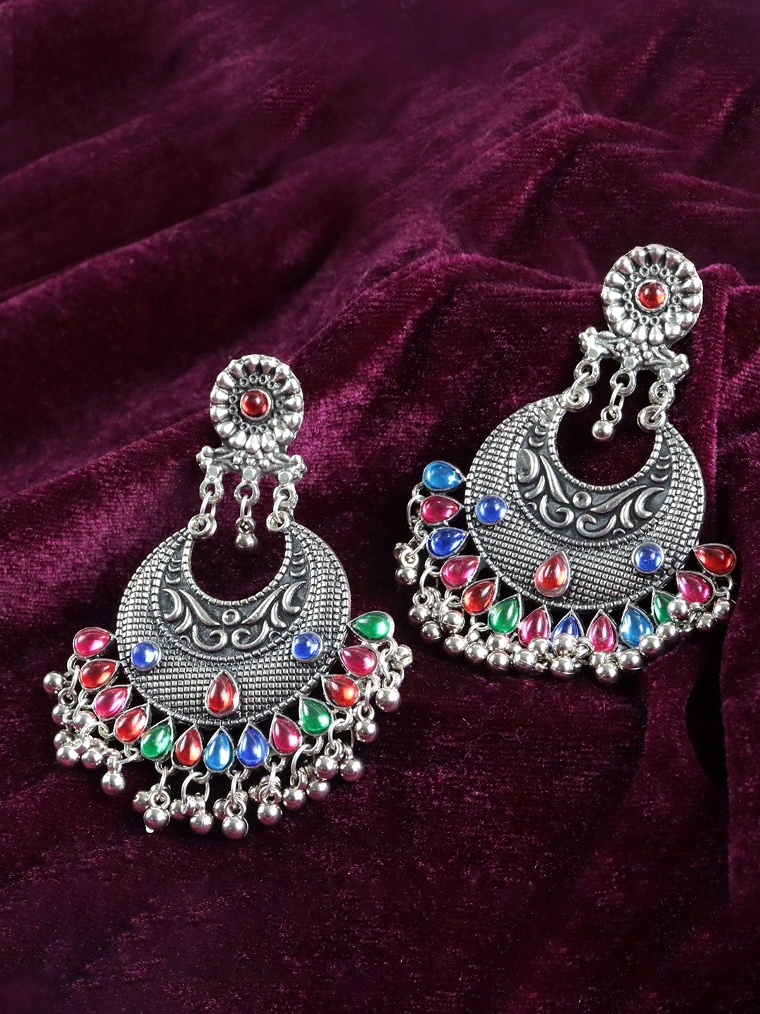 

Krelin Silver-Toned & Red Oxidised Drop Earrings