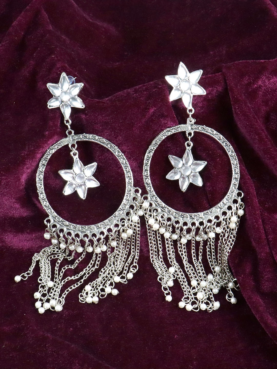 

Krelin Silver-Toned Oxidised Stone-Studded Chandelier Drop Earrings