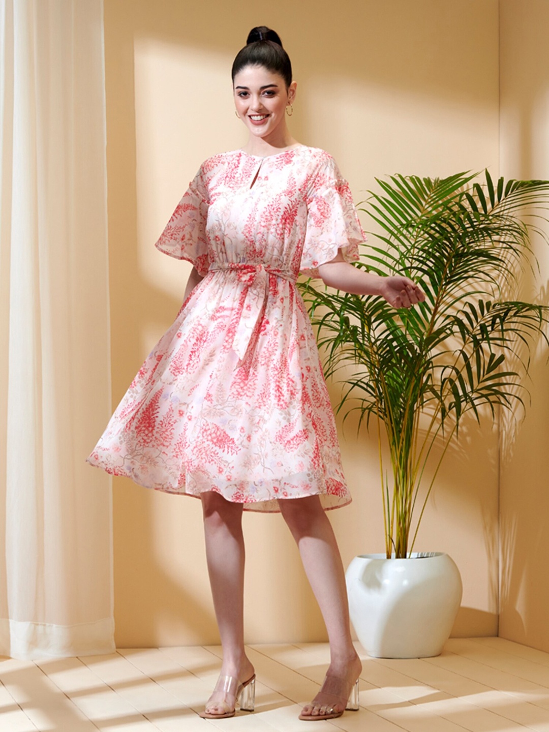 

Style Island Pink Printed Floral Keyhole Neck Formal Dress