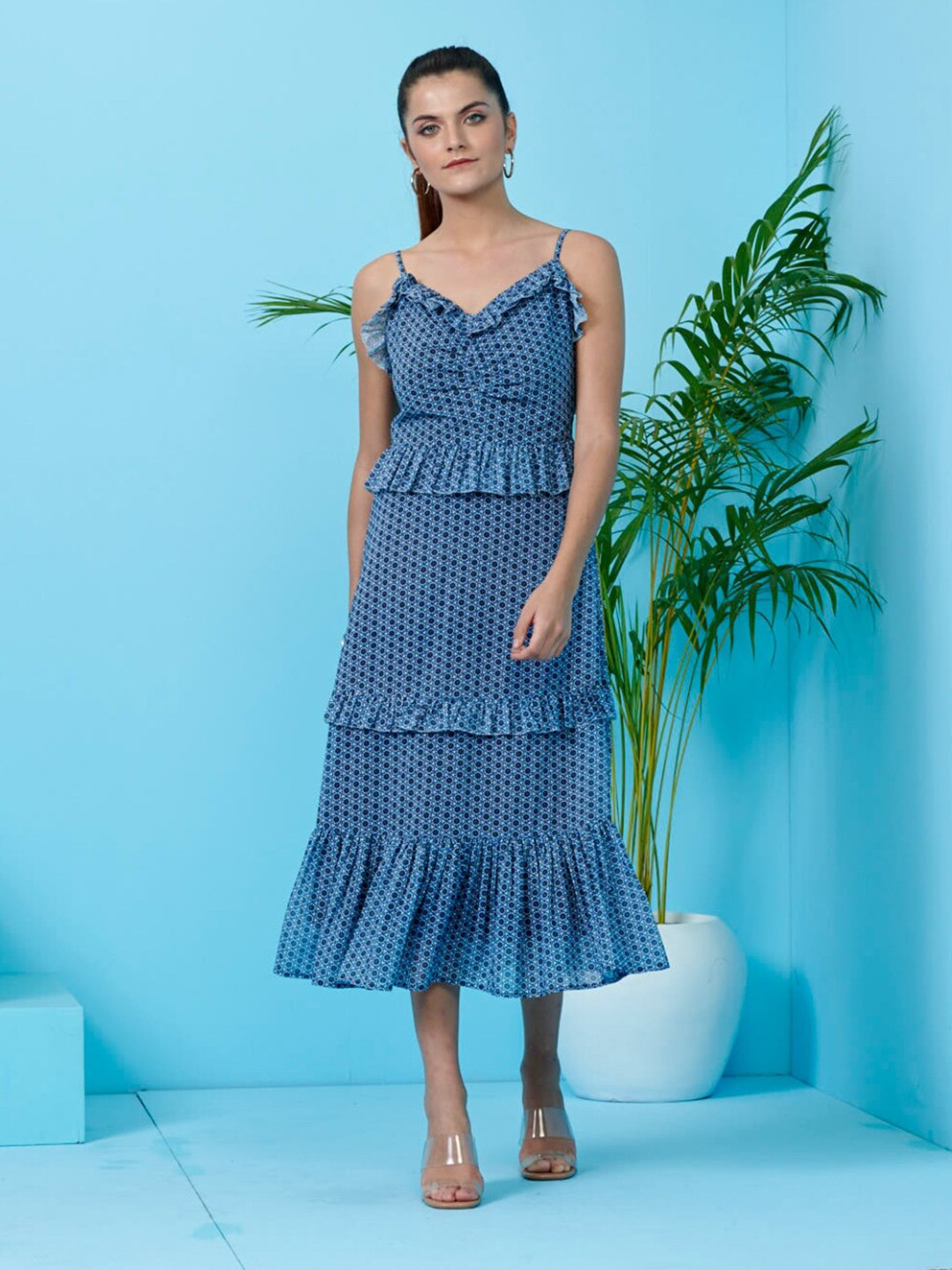 

Style Island Blue Printed A-Line Midi Dress