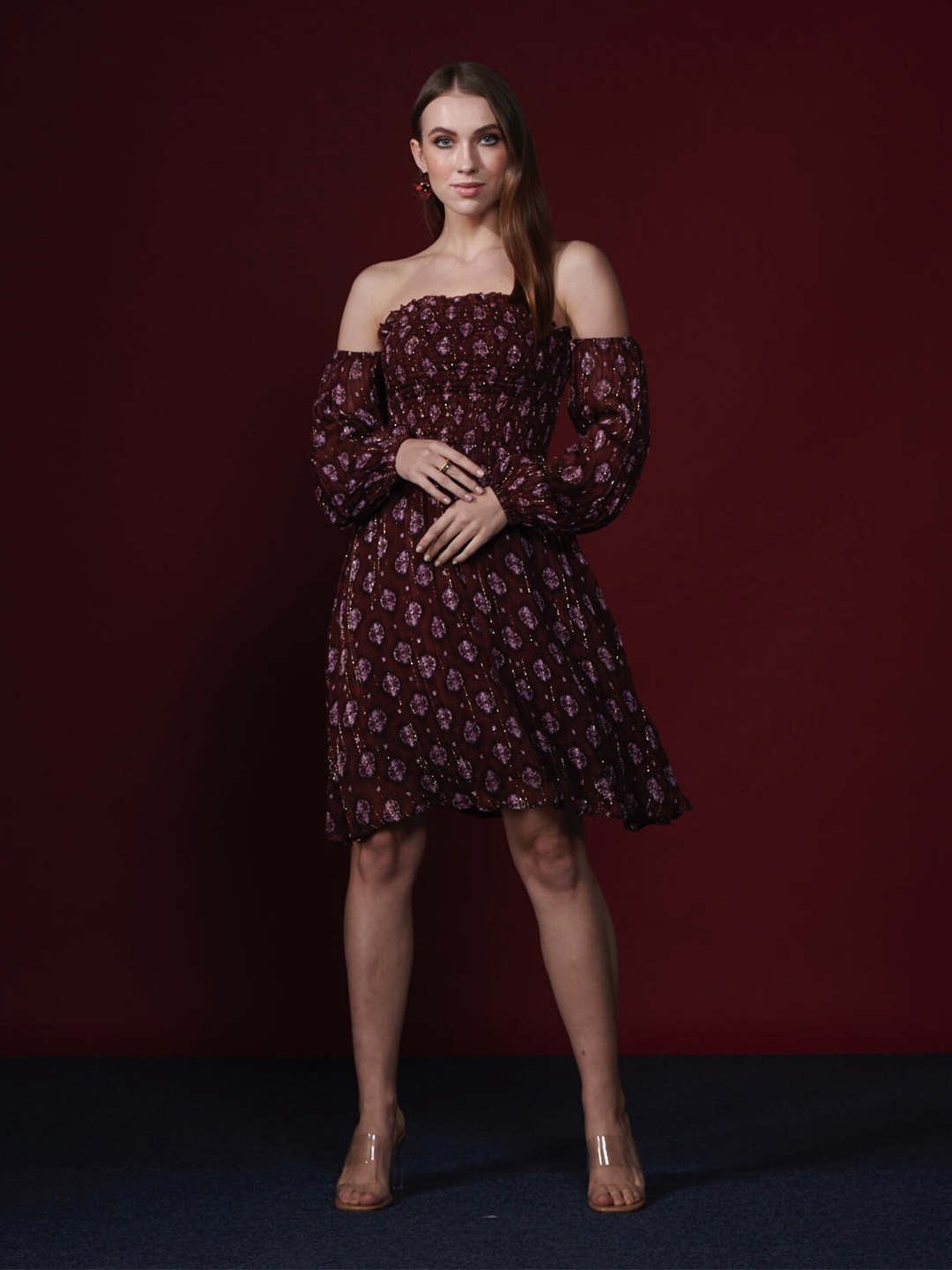 

Style Island Purple Ethnic Motifs Off-Shoulder Dress