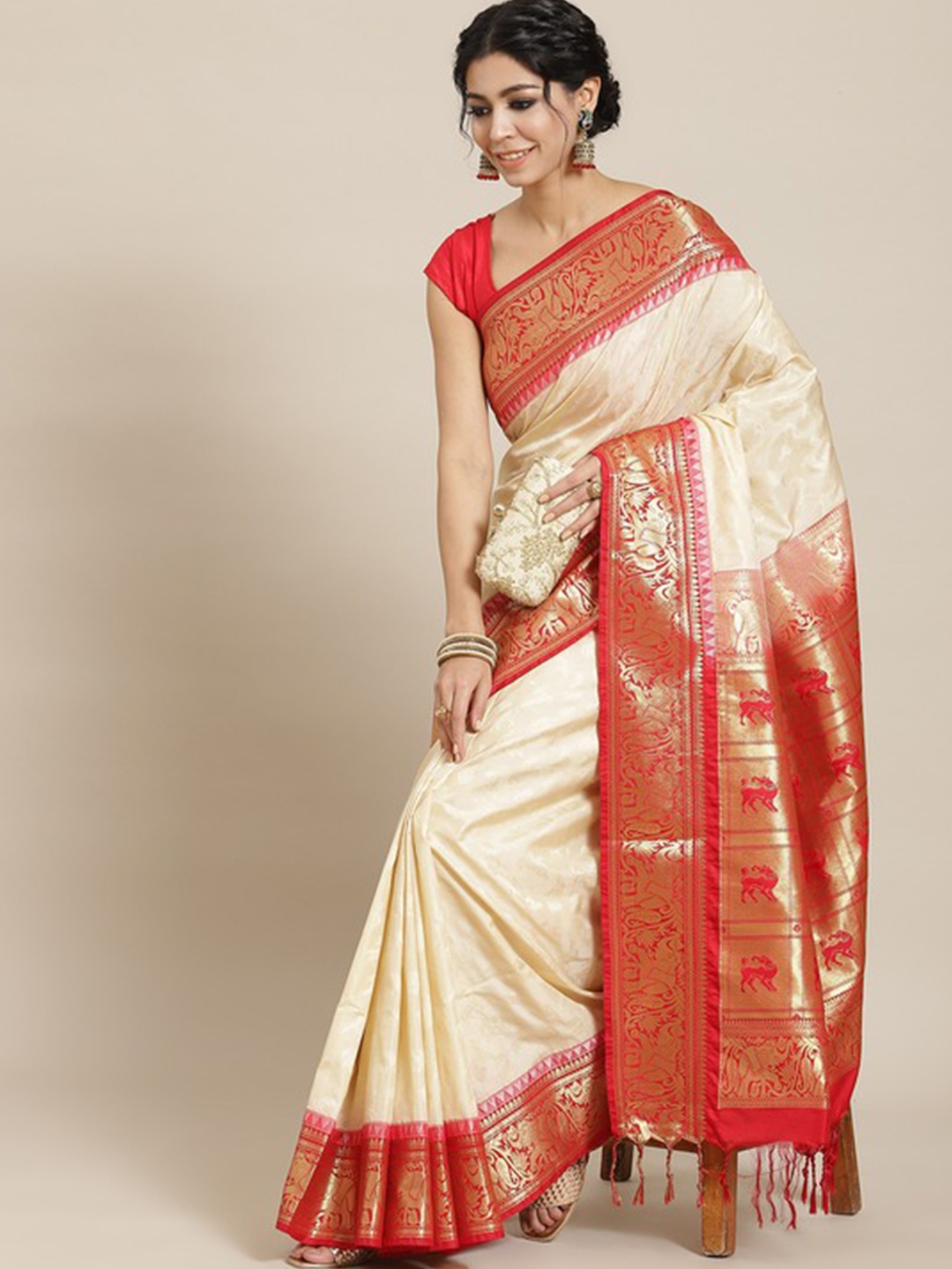 

Mitera Cream-Coloured & Red Woven Design Zari Pure Silk Heavy Work Kanjeevaram Saree