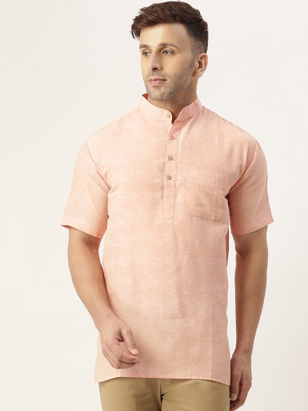 

RIAG Men Peach-Coloured Solid Mandarin Collar Khadi Kurta