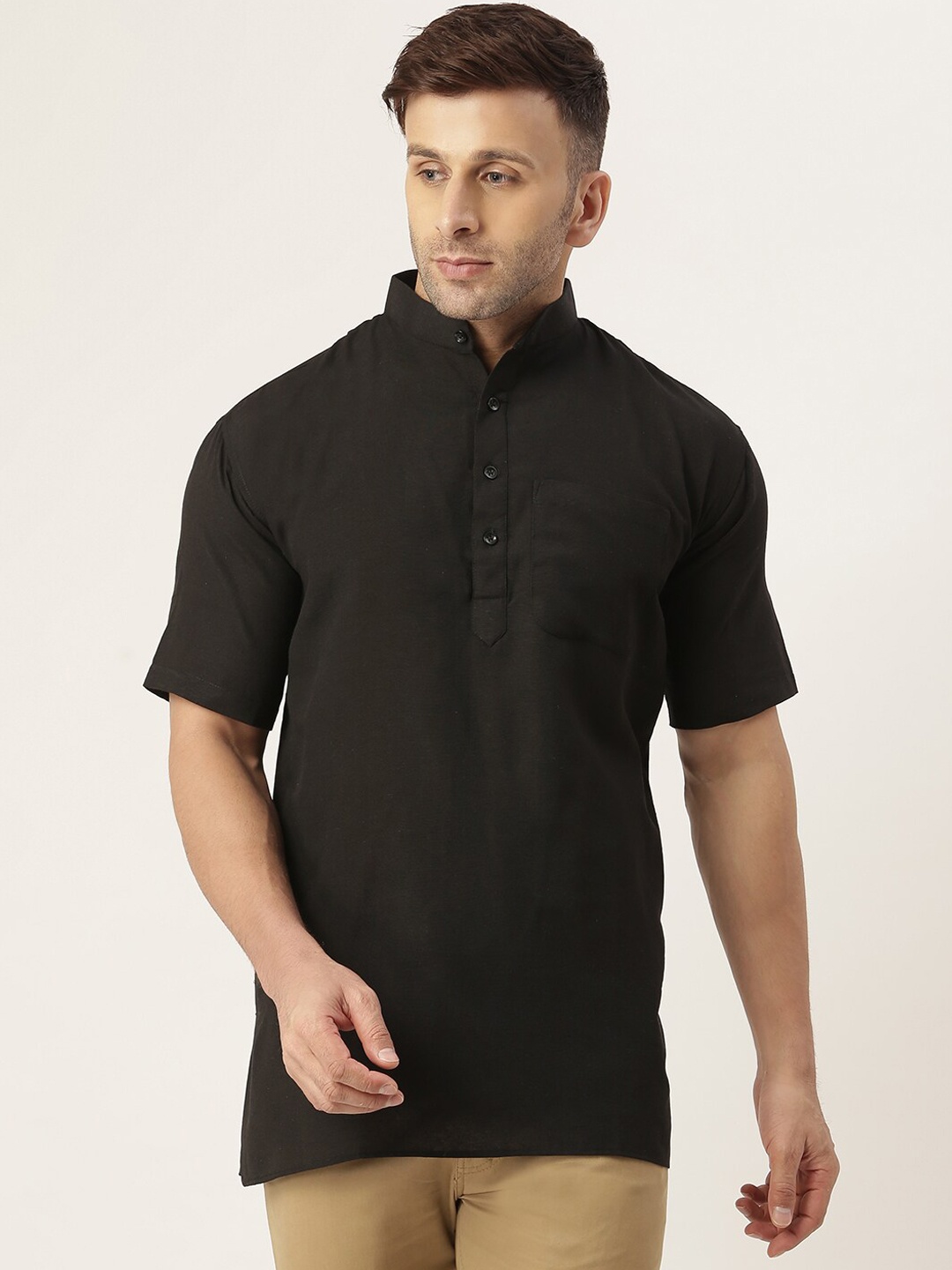 

RIAG Men Black Khadi Solid Short Kurta