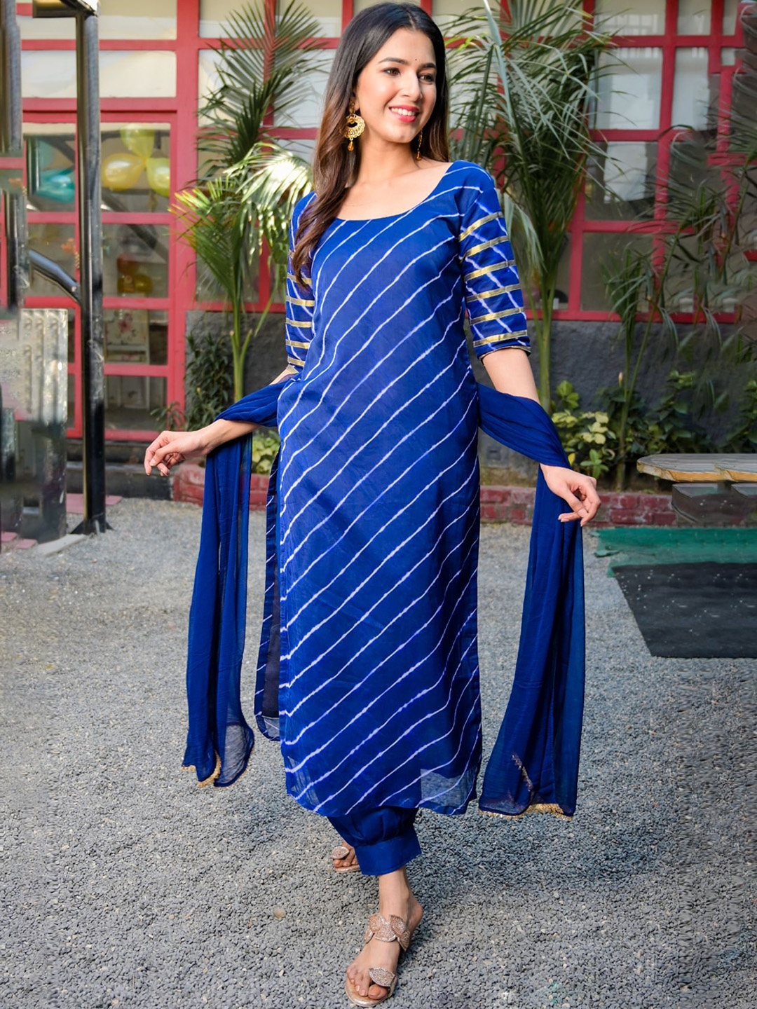 

Rangpur Women Blue Leheriya Striped Gotta Patti Kurta with Salwar & With Dupatta