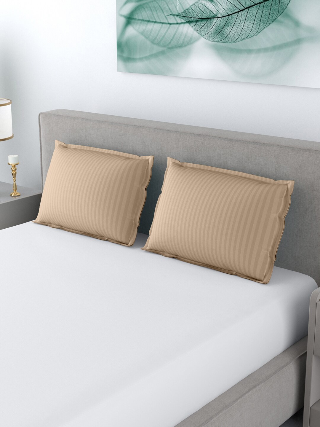 

LIVING ROOTS Beige Set of 2 Striped 144TC Pillow Covers