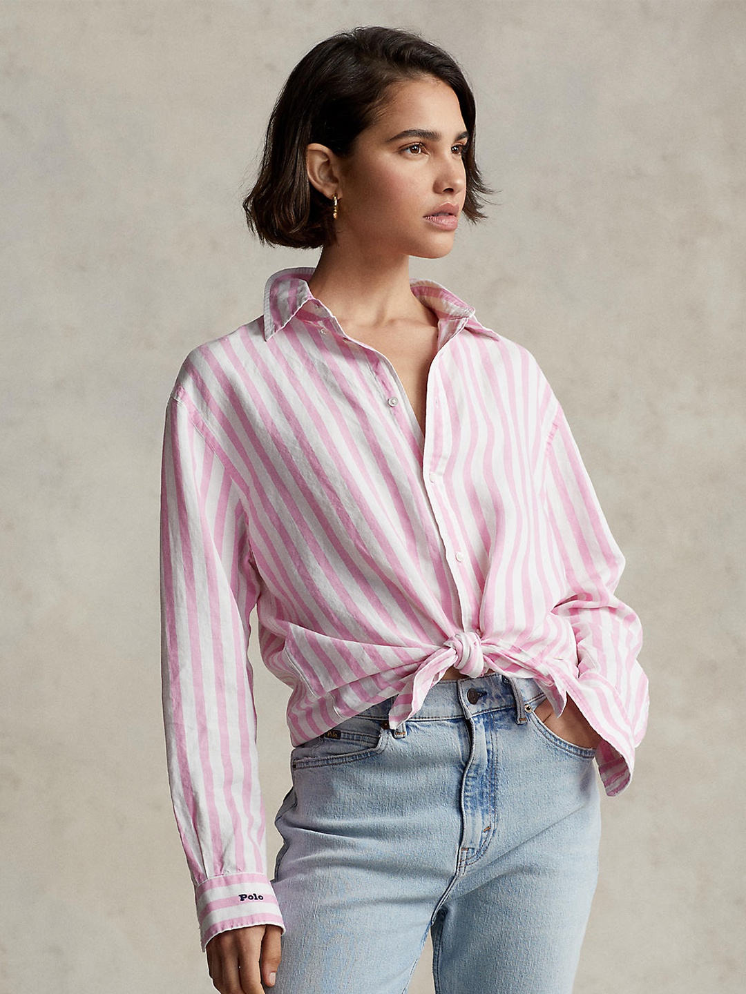 

Polo Ralph Lauren Women Pink &White Striped Casual Linen Shirt