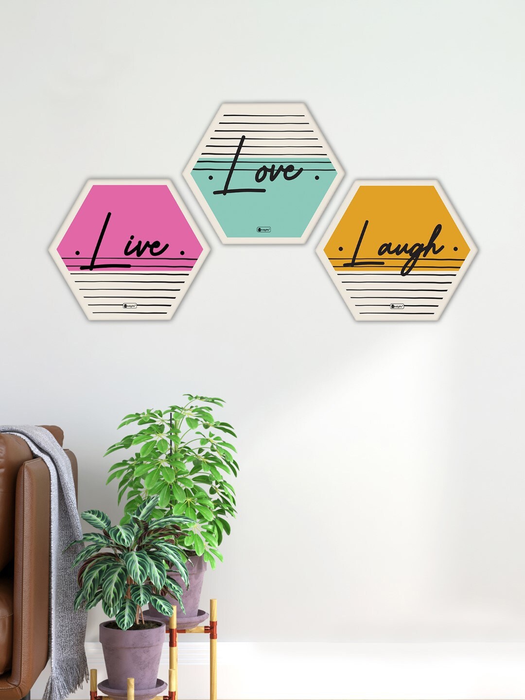 

Indigifts Set of 3 Live Love & Laugh Typography Print Hexagon Wall Hangings, Multi