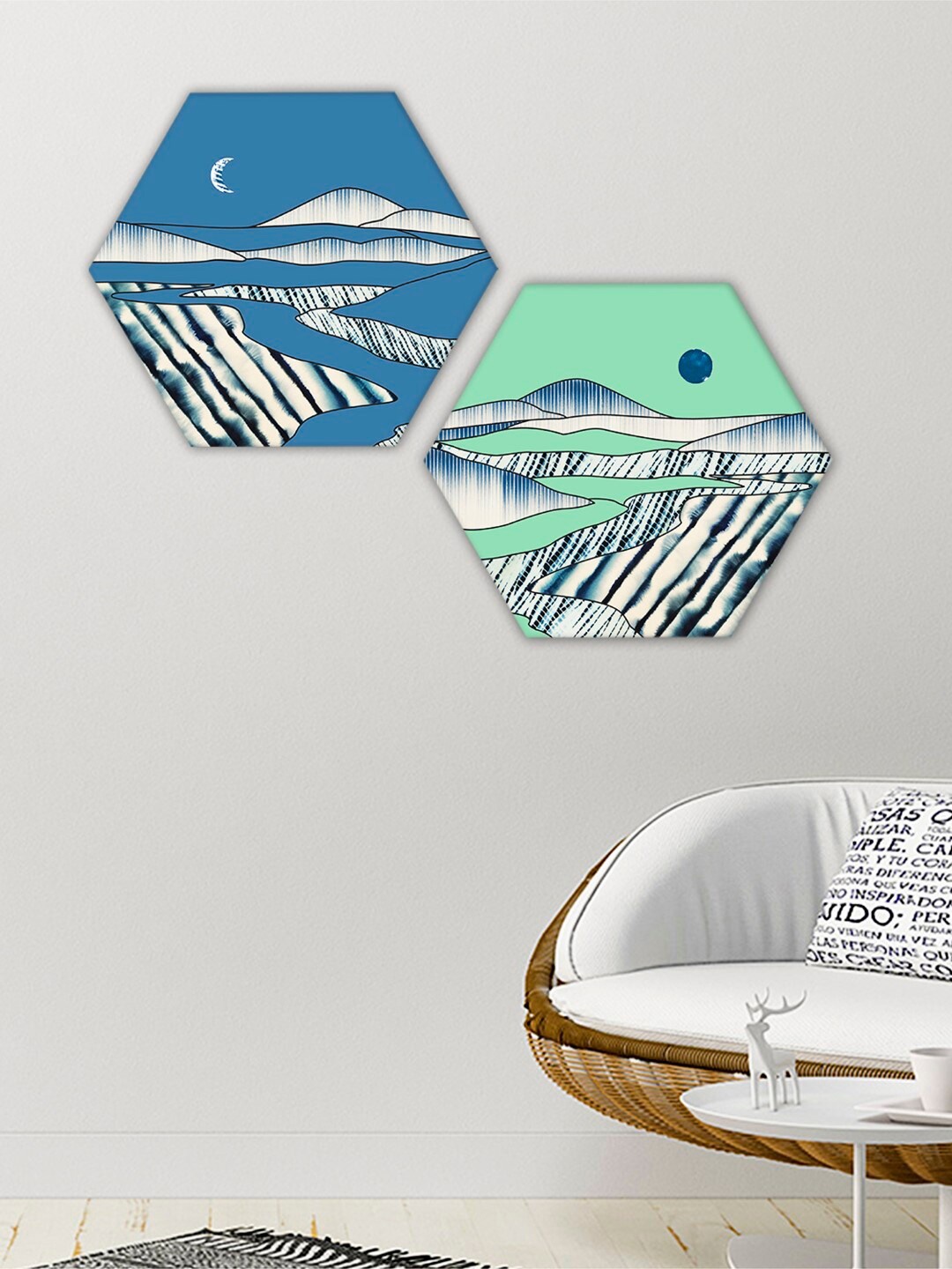 

Indigifts Set of 2 Landscape Printed Hexagon Wall Hangings, Blue