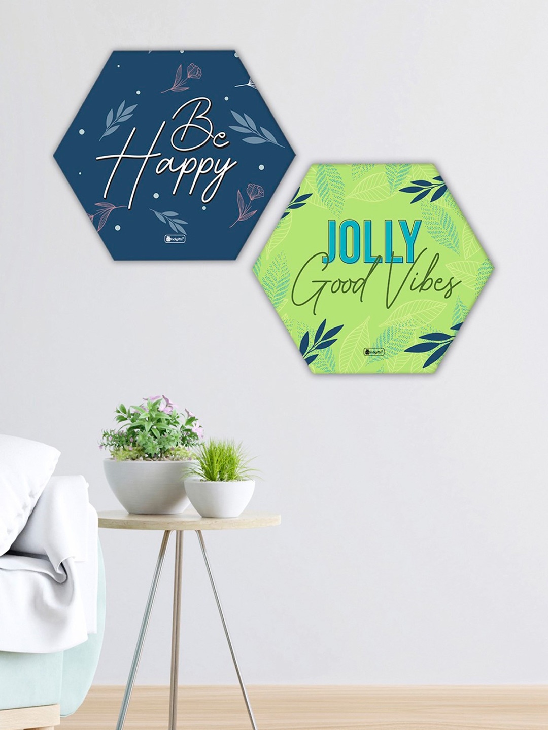 

Indigifts Set of 2 Be Happy and Jolly Good Vibes Printed Hexagon Wall Hangings, Blue