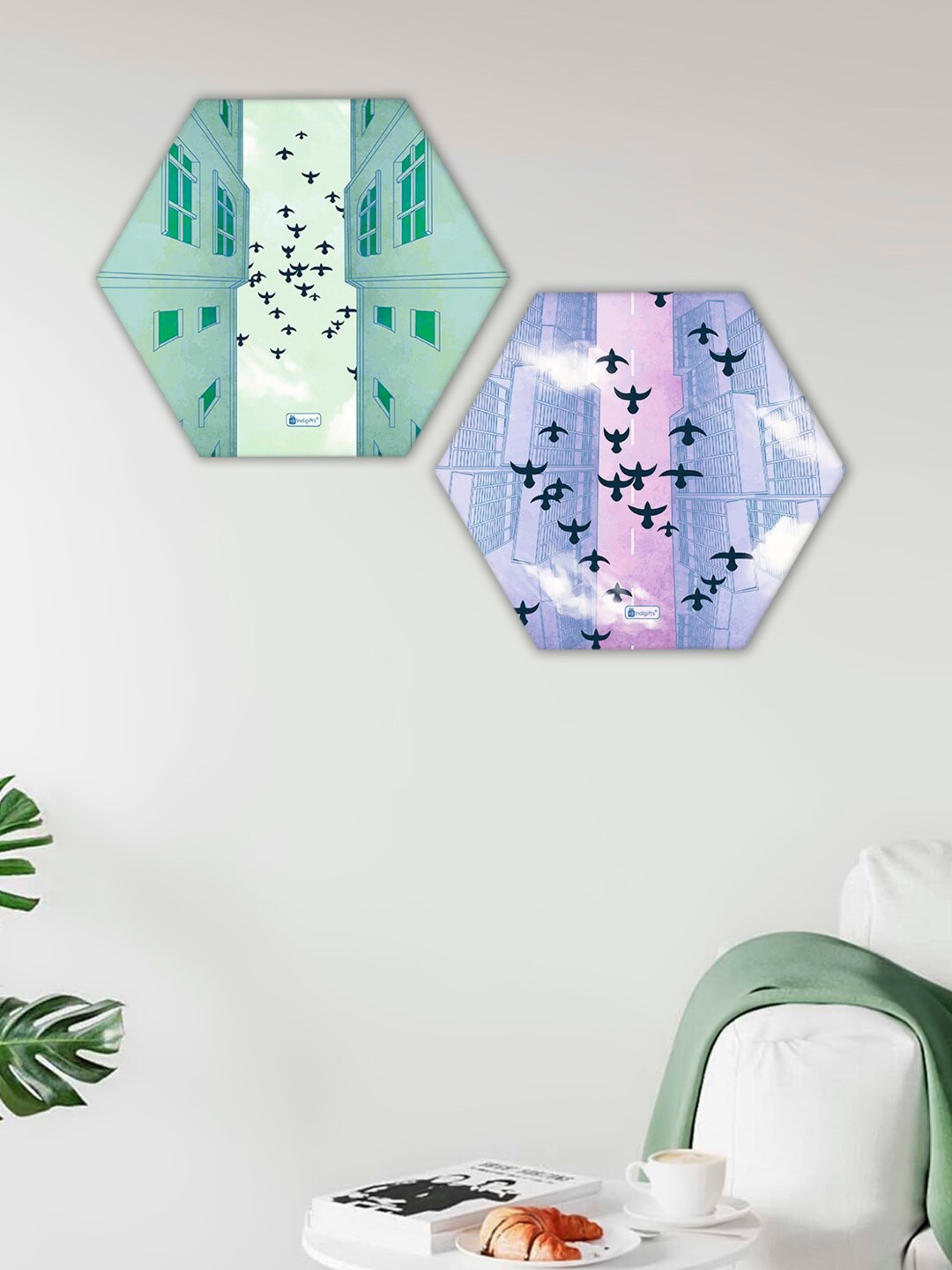 

Indigifts Set of 2 Flying Birds Printed Hexagon Wall Hanging, Green