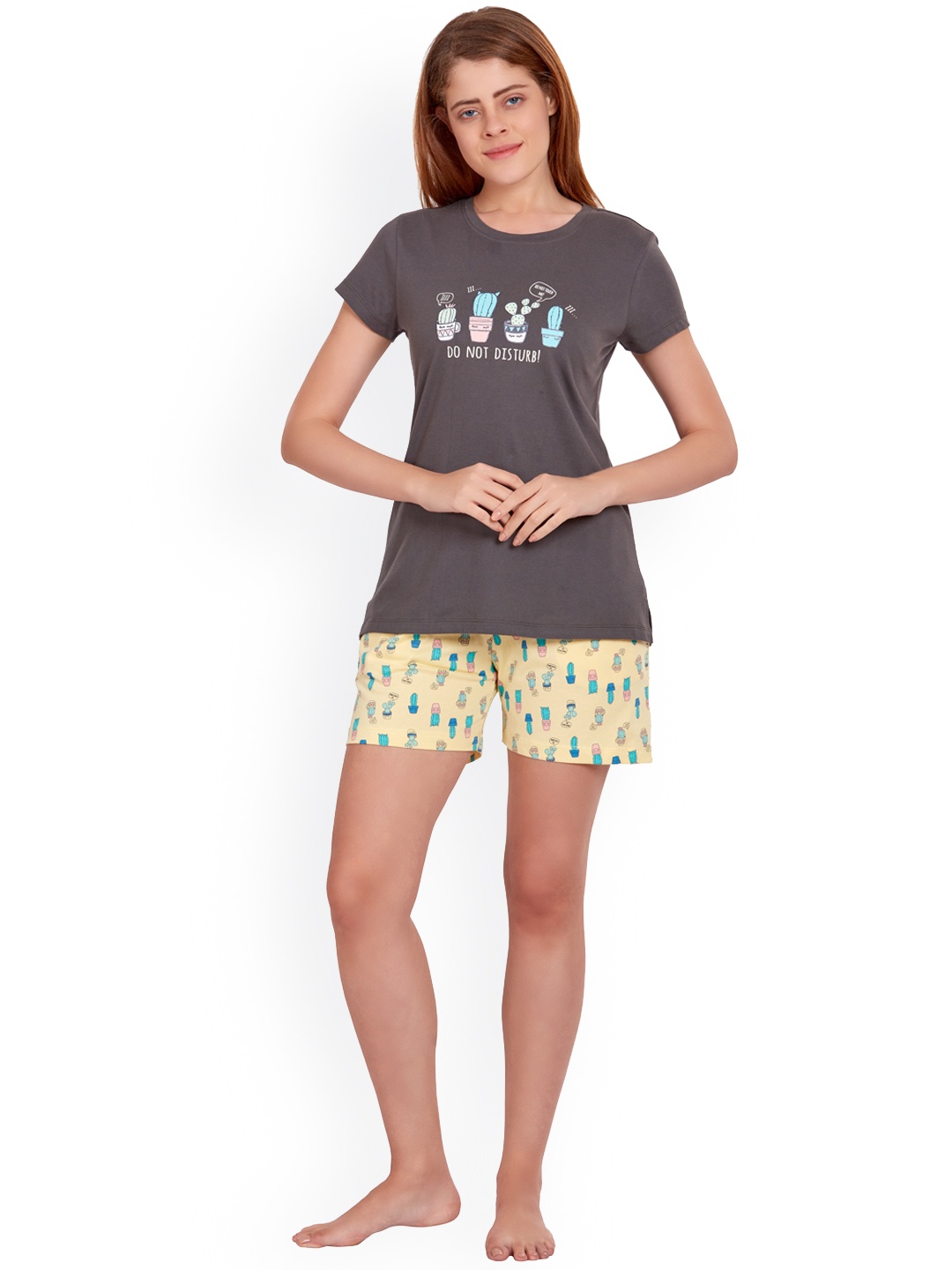 

MAYSIXTY Women Grey & Yellow Printed Night suit