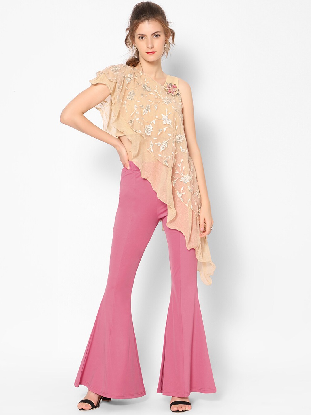 

KIYA Women Cream-Colored & Pink Top & Palazzos Set