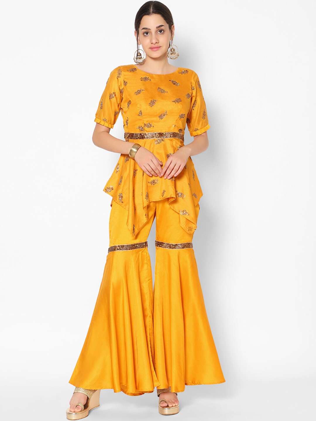 

Kiya Women Mustard Yellow Printed Empire Thread Work Top with Sharara