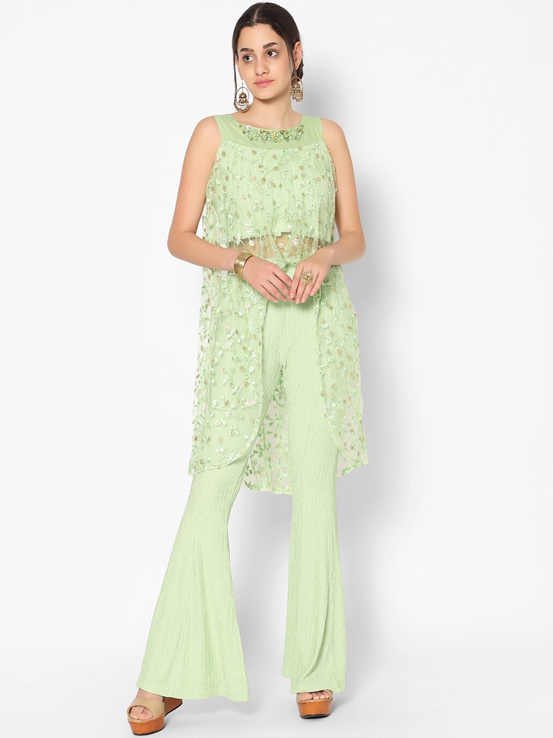 

Kiya Women Floral Embroidered High Slit Beads and Stones Top with Sharara, Green