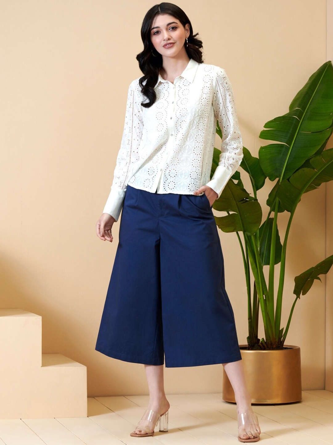 

Style Island Women Navy Blue Smart Loose Fit Pleated Formal Culottes Trousers
