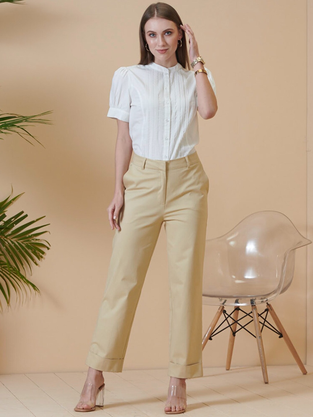 

Style Island Women Smart Slim Fit High-Rise Trousers, Beige