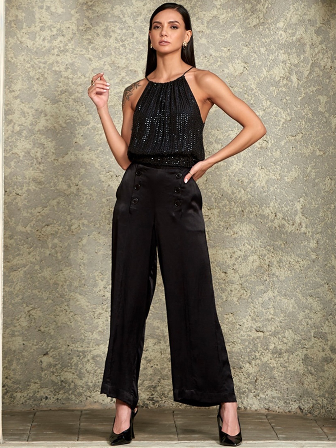 

Style Island Women Smart Loose Fit High-Rise Pleated Trousers, Black