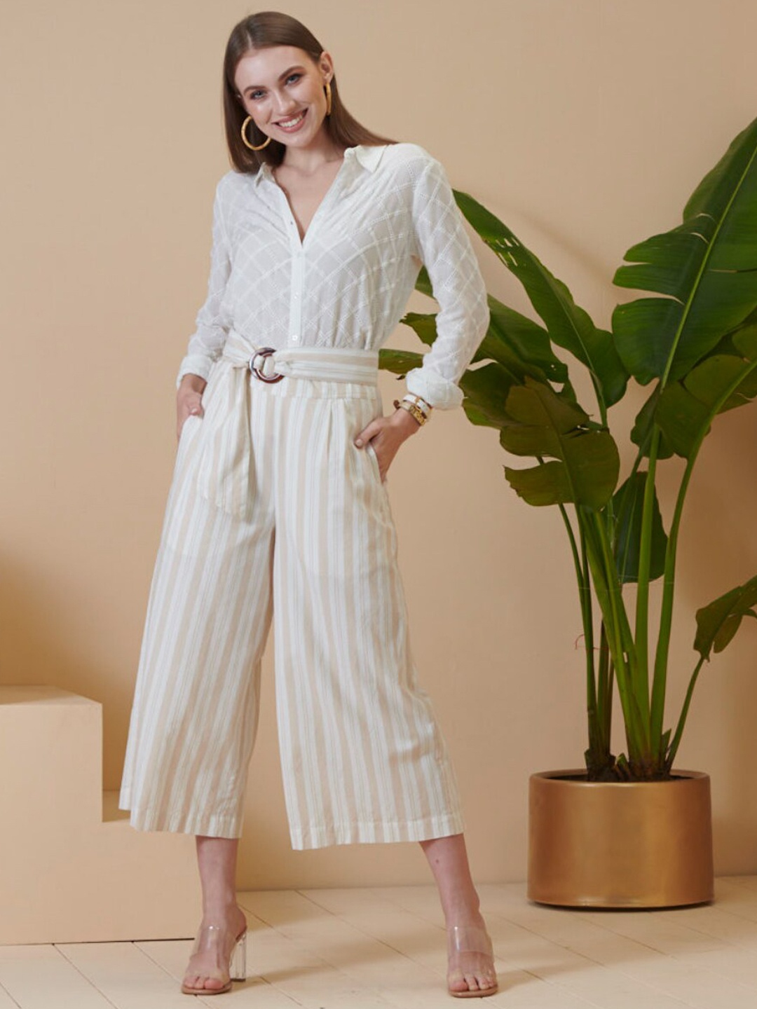 

Style Island Women Striped Smart Loose Fit Pleated Trousers, Beige