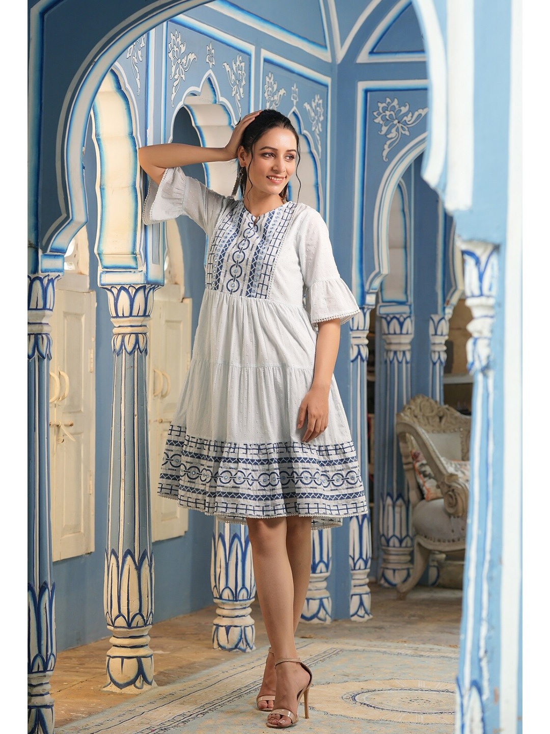 

Juniper Blue & White Cotton Embroidered Ethnic Dress
