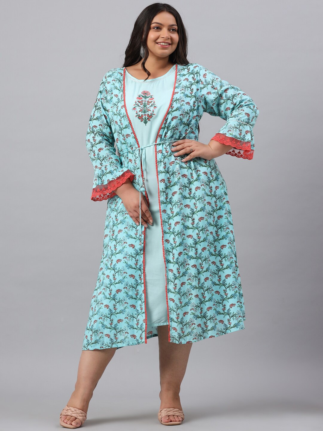

Juniper Plus Women Blue & Peach-Coloured Floral Ethnic A-Line Midi Dress