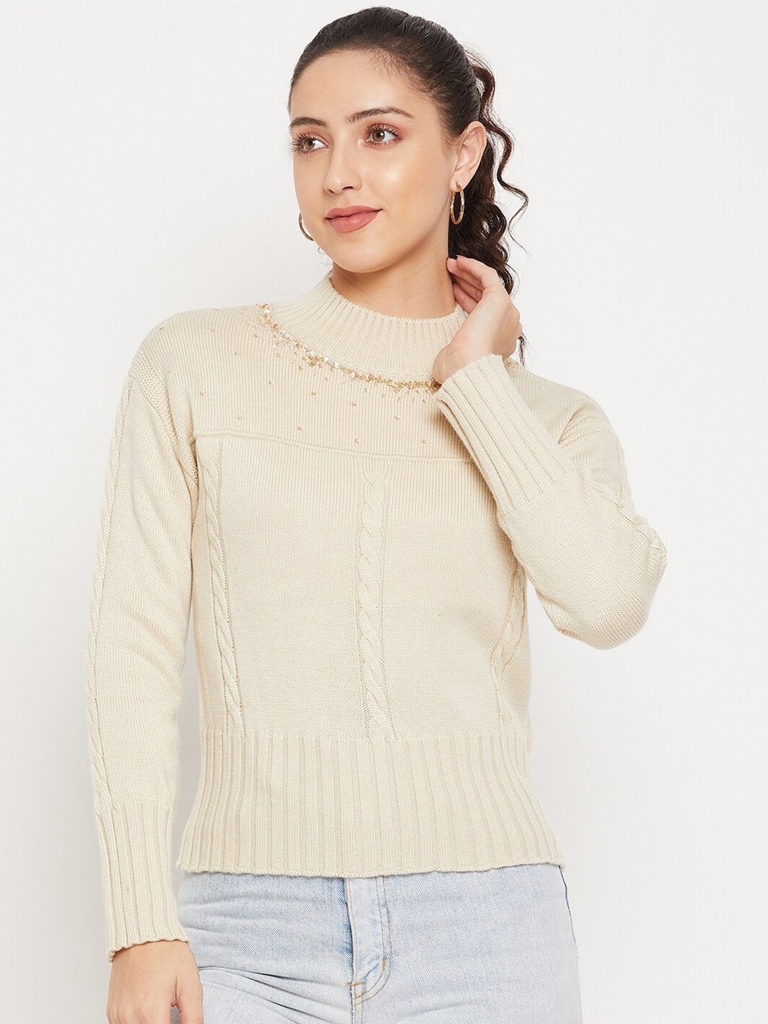 

CAMLA Women Beige Cable Knit Pullover