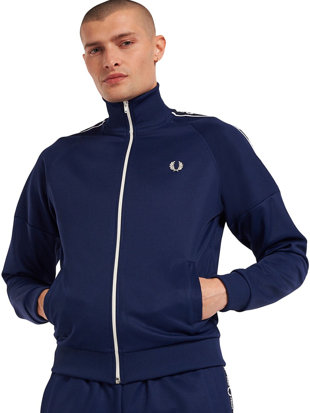 

Fred Perry Men Navy Blue White Open Front Jacket