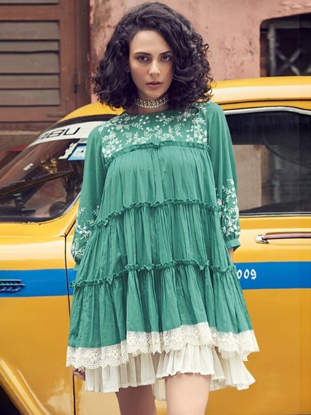 

AUTUMN LANE Women Green & White Embroidered Ruffles Tiered Layered Ethnic Dresses