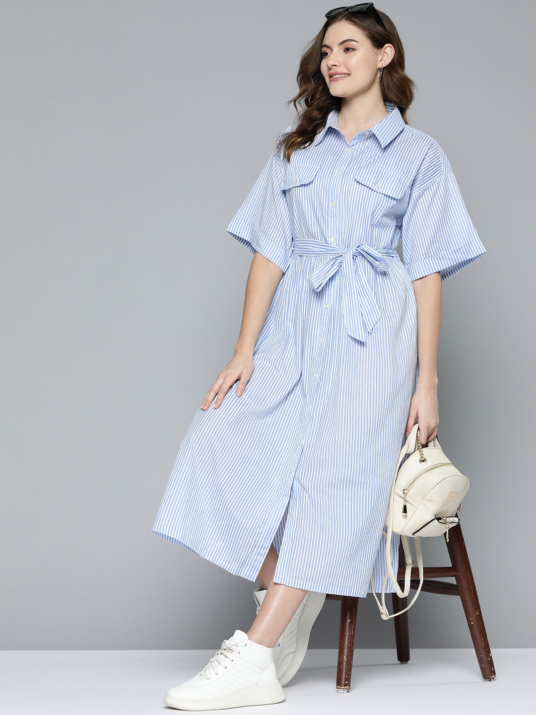 

HERE&NOW White & Blue Striped Shirt Midi Dress