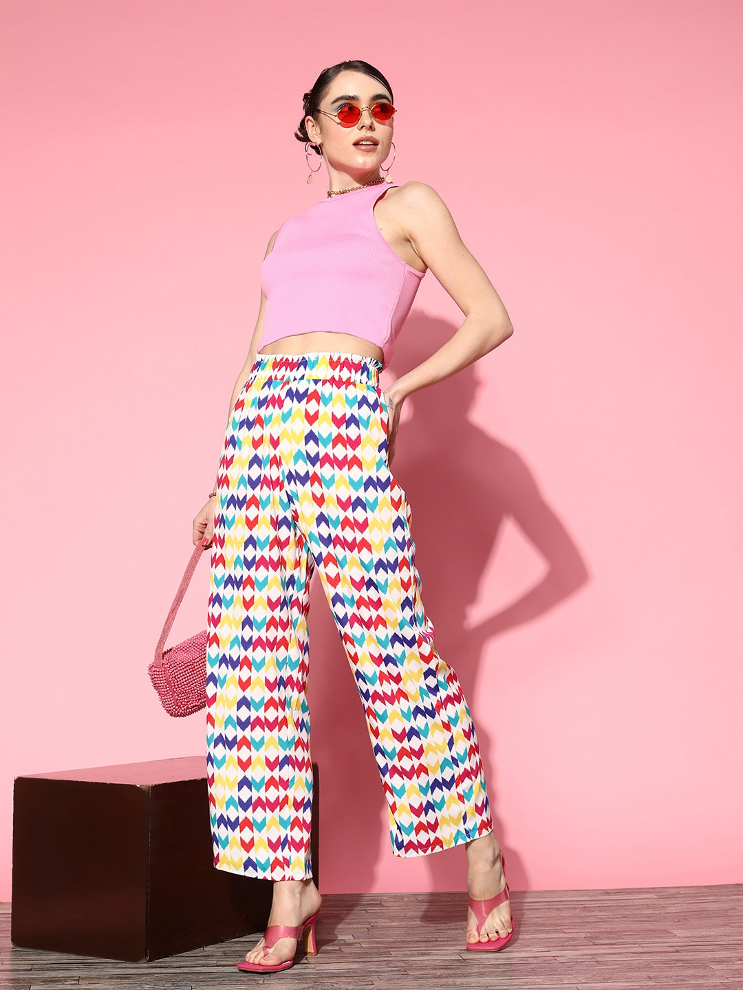 

Berrylush Women Printed Relaxed Straight Fit High-Rise Trousers, White