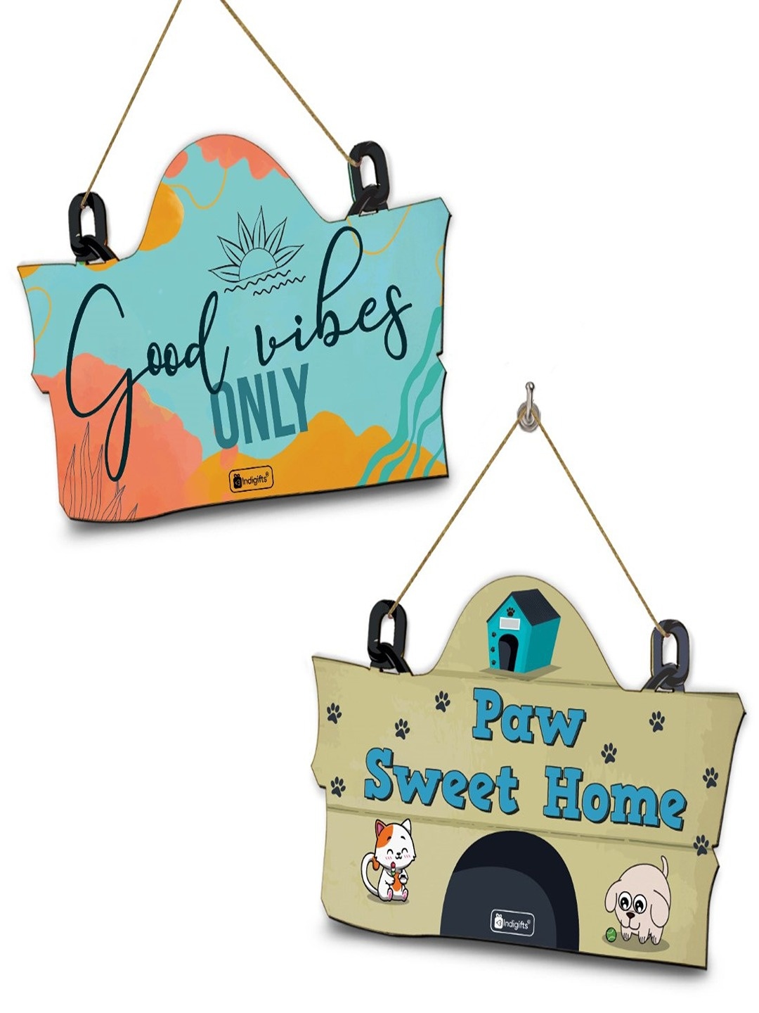 

Indigifts Good Vibes Only and Paw Sweet Home Printed Set of 2 Wall Hangings, Blue