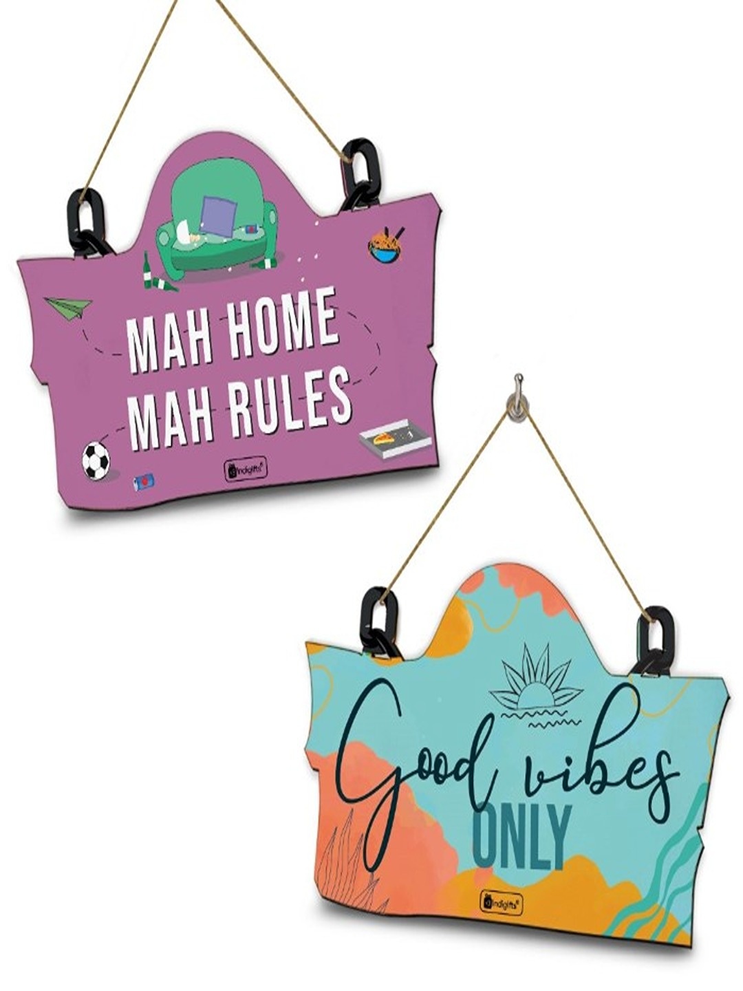 

Indigifts Set of 2 Good Vibes Only & Mah Home Mah Rules Printed Wall Hangings, Purple