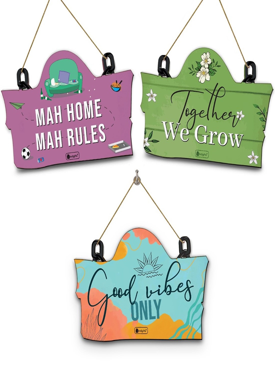 

Indigifts Set of 3 Typography Print Mini Wall/Door Hangings, Green
