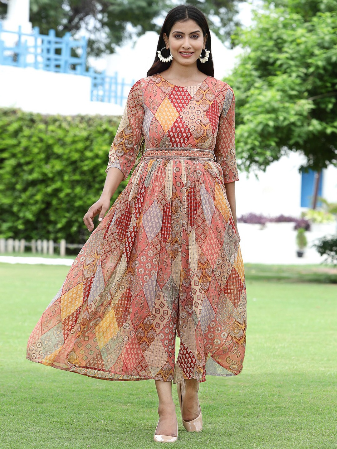 

Juniper Women Peach-Coloured & Red Printed Basic Jumpsuit